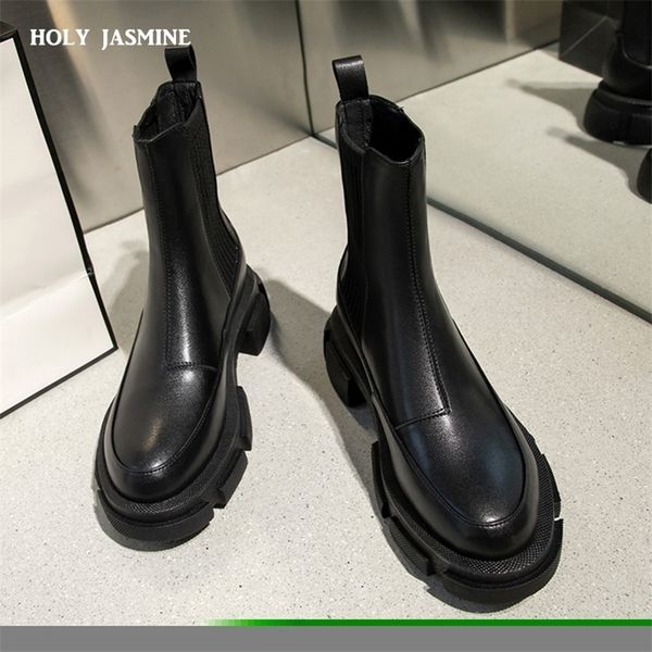 

boots ankle for women thick bottom round toe genuine leather black white all-match botas feminina platform shoes 220923