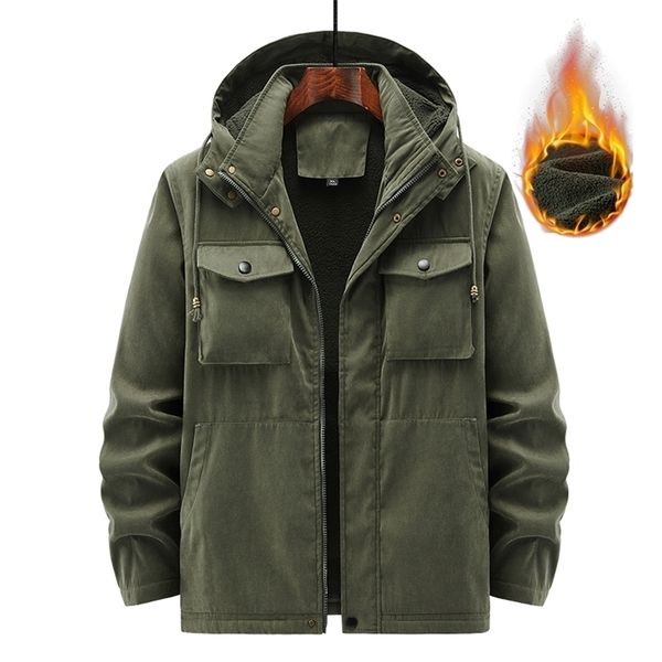 

mens down parkas winter cargo military jacket men thick warm green hooded clothes plus velvet fashion oversize 5xl 6xl pocket coat 220923, Black
