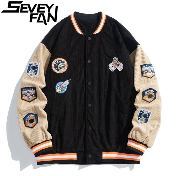 

mens jackets seveyfan mens jacket hip hop jackets men corduroy sleeve patchwork outwear fashion loose streetwear couples 220923, Black;brown