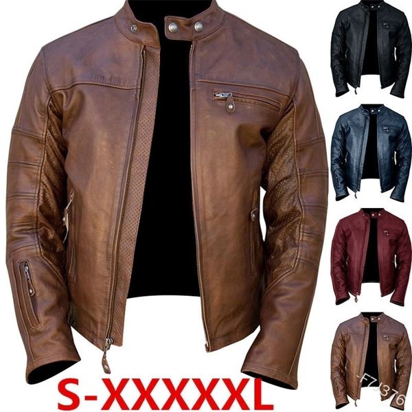 

mens leather faux european and american fashion leather jacket mens slim fit zipper round neck 220923, Black