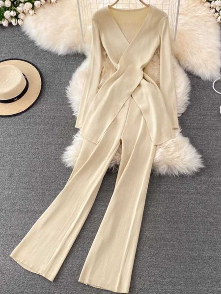 

winter casual women knitted pantsuit long sleeve elegant sweater blouses wide leg trousers 2 pieces femme fashion clothes, White