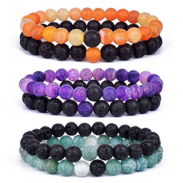 

couples distance bracelets set white turquoises natural lava stone tiger eye beaded yoga bangle for men women elastic jewelry, Black