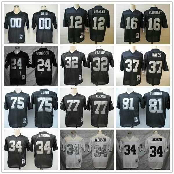 

jersey vintage oakland 00 jim otto raider 81 t.brown 24 charles woodson 32 jack tatum 37 hayes long alzado 34 plunkett 34 b.jackson mens jer, Black;red