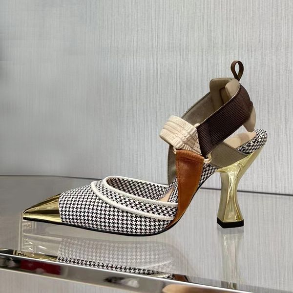 

luxury thousand bird plaid high heel shoes jacquard brocade gold iron head decoration fashion back sandals 8.5 cm designer women's form, Black