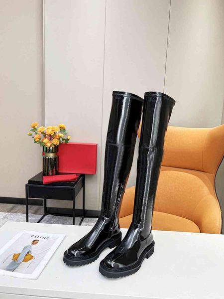 

luxury brand v womens thigh-high boots martin knight motorcycle club real leather long rainboots size 35-41, Black