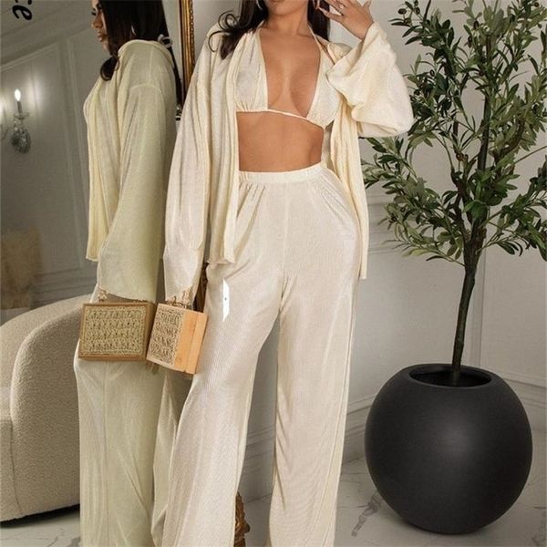 

women's two piece pants women pleated shirts trousers three piece sets casual slip vest wide leg pants suits female lady streetwear out, White
