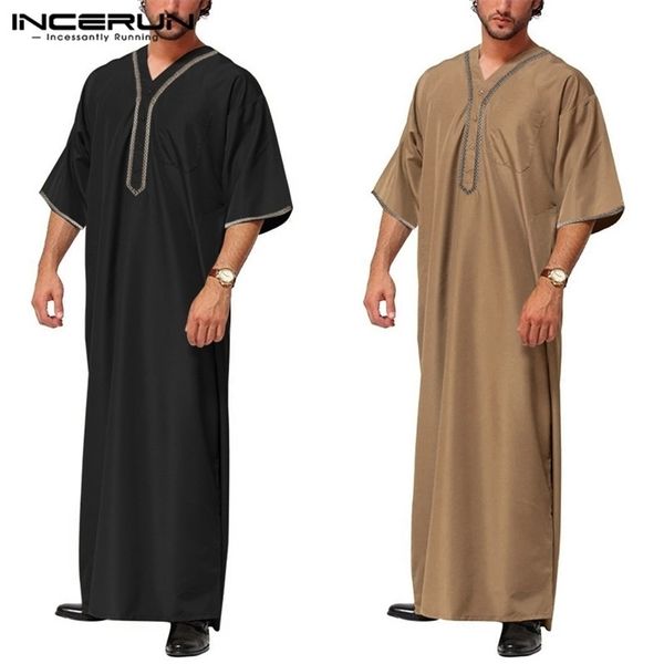 

ethnic clothing incerun men vintage half sleeve muslim kaftan robes leisure v neck printed jubba thobe solid patchwork arabic clothes plus s, Red