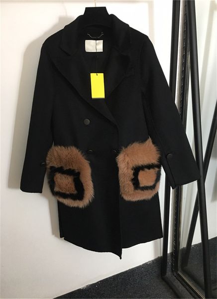 

women's wool & blends new f letter fox fur pocket plus plush warm fur coat black