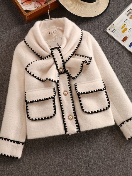 

women's suits blazers women white bow mink jacket coat for female slim patchwork pocket outerwear ladies wool short coat winter clothes, White;black