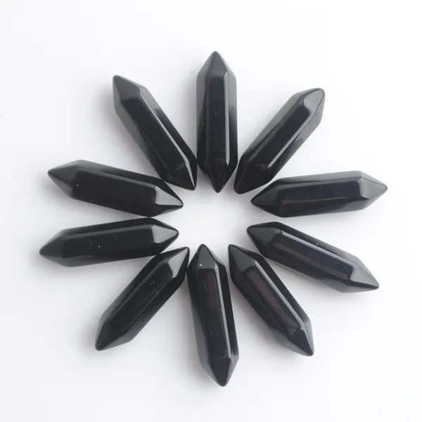 

wholesale loose gemstones hexagonal healing pointed reiki chakra natural black agate stone 30x8mm no drilling hole pendant beads u3320