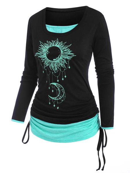 

women's t-shirt casual women cinched sun moon print 2 in 1 t shirt round neck long sleeve autumn fashion t shirts female streetwear t22, White