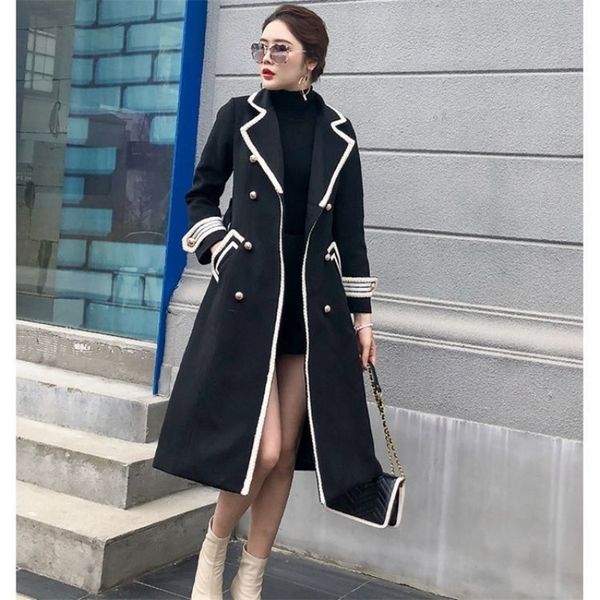 

women's wool blends korean fashion wool coat women autumn winter thick warm v-neck belt long overcoat office lady elegant slim outwear, Black
