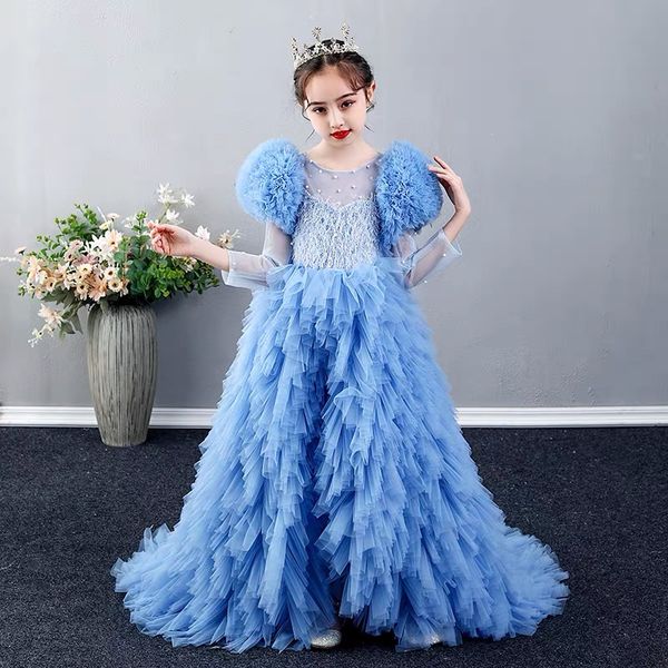 

cute flower girl dresses for wedding spaghetti lace floral appliques tiered skirts girls pageant dress ball gown kids tutu birthday gowns, White;blue