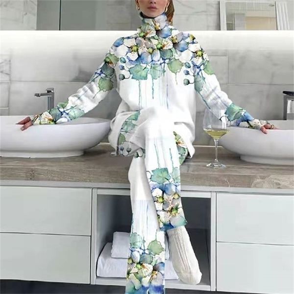 

women's two piece pants oversized turtleneck loose long trousers set women streetwear casual pants two piece set femme warm long sleev, White