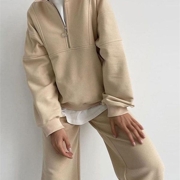 

women's tracksuits solid half-zipper collar loose two-piece sets women casual matching sets autumn winter female pullovers and wide-leg, Gray