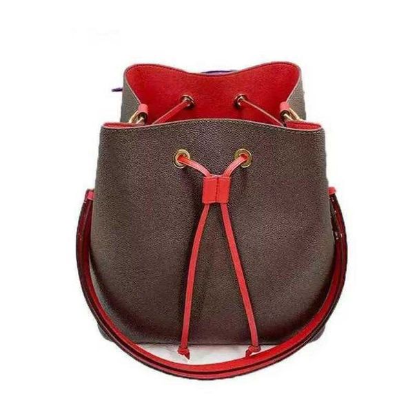 

2022 new women shoulder bags leather brown flower bucket bag drawstring handbags cross body purse