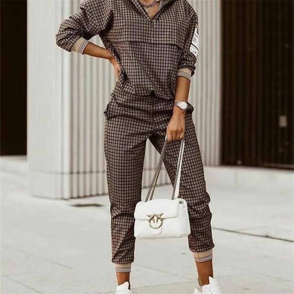 

women's two piece pants women fashion plaid print zipper front hooded pants set two pieces suit flare pants outwear 220922, White