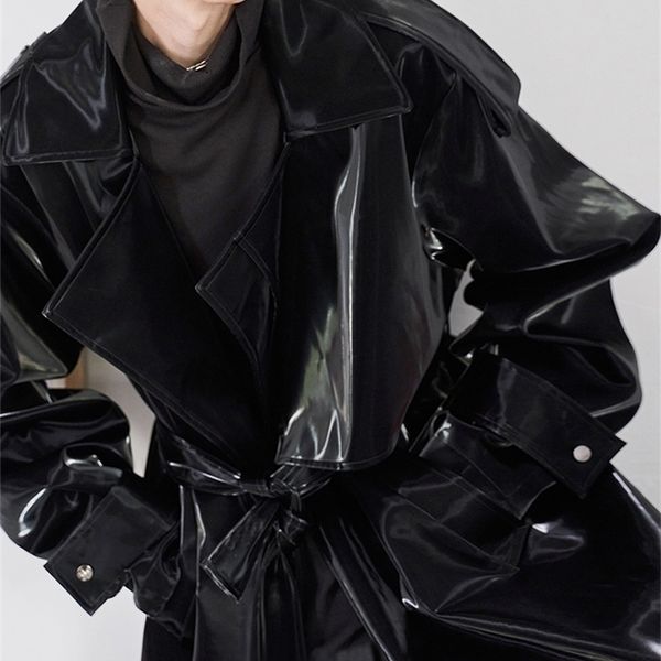 

men's leather faux leather mauroicardi brand long oversized luxury reflective shiny patent leather trench coat men fashion belt waterpr, Black