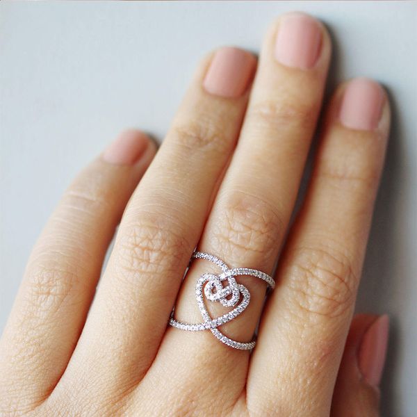 

elegant silver color heart shaped cluster rings white zircon stone women's ring classic fashion women bridal wedding engagement ring je, Golden;silver