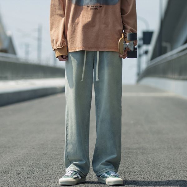 

men's jeans streetwear vintage hong kong style baggy loose straight fashion japanese drawstring trousers fall denim pants 220923, Blue