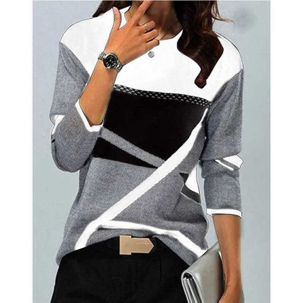 

women's t-shirt 2021 fall/winter new fashion ladies contrasting color positioning printing round neck long sleeve t-shirt women clothi, White