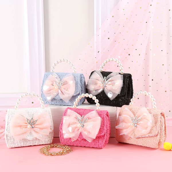 

backpacks children kids sweet princess shoulder bag shinny crystal lace bowknot crown pack detachable chain pearl handbag for girls 220924