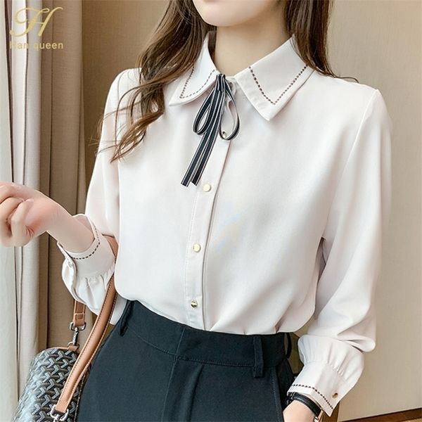 

women's blouses shirts h han queen spring autumn women blouse simple versatile ladies chiffon bow casual blouse female work wear offic, White
