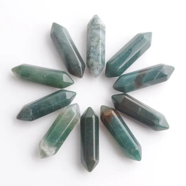 

wholesale loose gemstones hexagonal healing pointed reiki chakra natural aquatic agate stone 30x8mm no drilling hole pendant beads u3314, Black