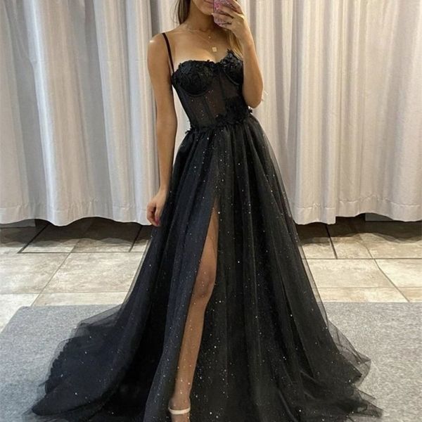 

party dresses bridalaffair black glitter a line tulle prom dresses spaghetti straps sweetheart bones side slit 3d flowers long evening gowns, White;black