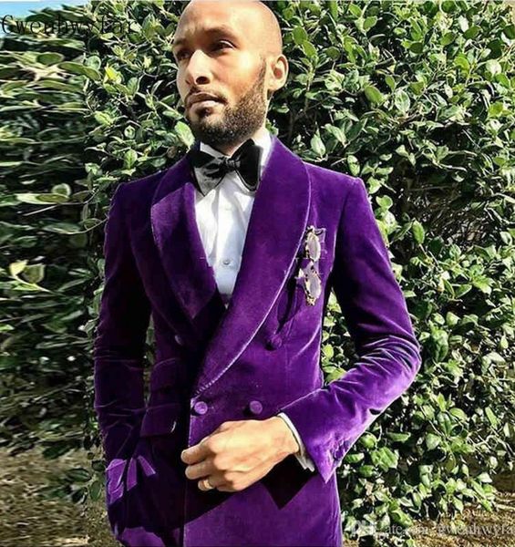 

velvet groom tuxedos purple men wedding tuxedos double-breasted popular men dinner/darty jacket blazer suit custom made, Black;gray