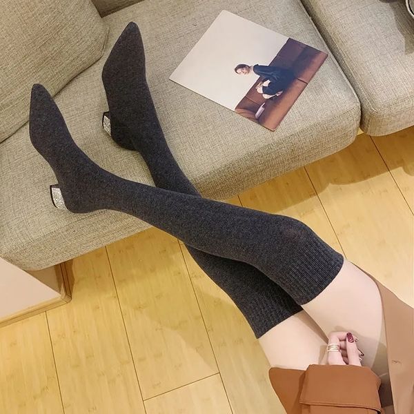 

boots pointed toe women's over the knee sock heel knitting elastic slim female thigh high flat 220924, Black