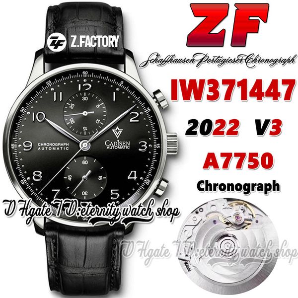 

zf v3 az371447 a7750 automatic chronograph mens watch th 12.3 black dial number markers stainless steel case black leather strap 2022 super, Slivery;brown