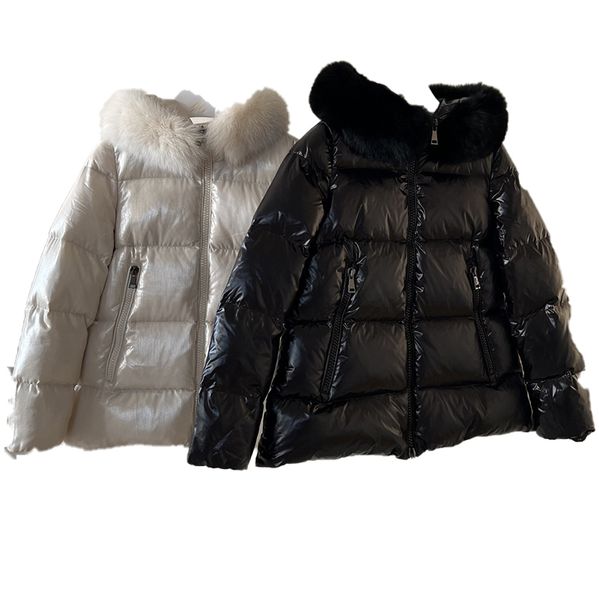 

designer womens down and parka small a-line design silver fox fur collar with shiny metallic effect korean style fashion embroidered badge l, Black