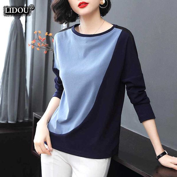 

women's t-shirt office lady fashion patchwork o-neck skinny long sleeved t-shirts spring autumn asymmetrical popularity women's cl, White