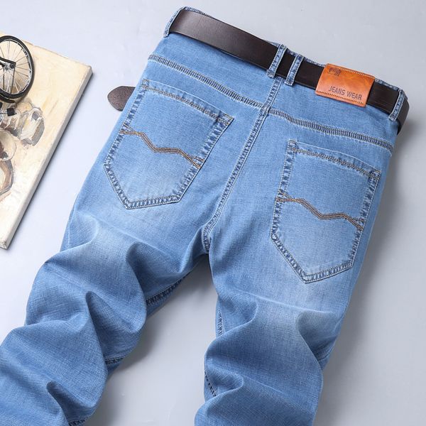 

men's jeans classic men's thin business spring summer elastic straight loose casual pants male fashion brand denim trousers 220923, Blue