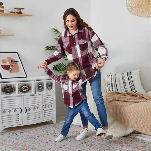 

family matching outfits plaid mother daughter blouses set long sleeve mommy and me clothes autumn mom baby women girls t shirts dresses 2209, Blue