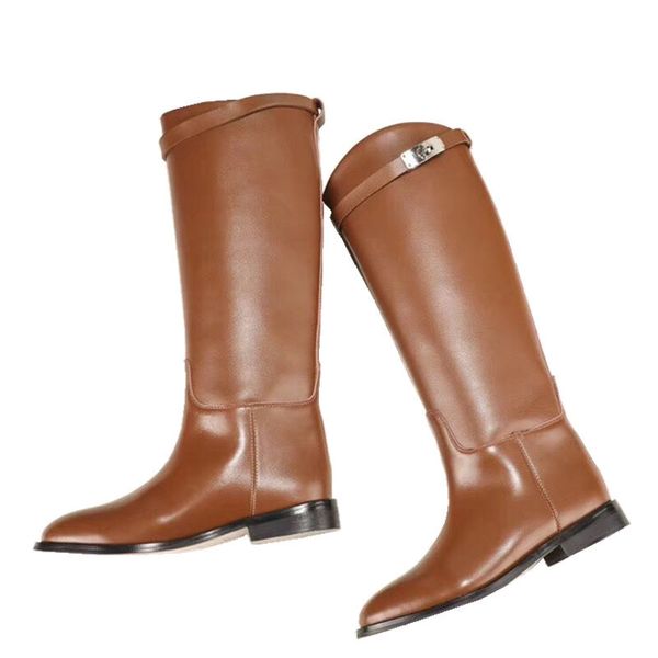 

boots shark lock women's high belt strap metal knight flat designer shoes genuine leather knee 220924, Black