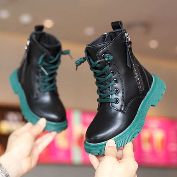 

boots 2021 autumn kids casual shoes for boys girl double zipper ankle boots round toes leather child school uniform lace-up boot 26-36 t2209, Black;grey