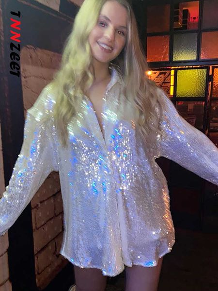 

women's t-shirt tnnzeet sparkly sequins women party shirt charming ladies loose long sleeves nightclub clothes 2022 y2k street polos t, White