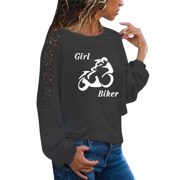 

women's t-shirt powerful girl biker print t shirt funny teeshirt women clothing casual long sleeve large size loose lace t220926, White