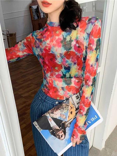 

women's t-shirt yedinas thin mesh long sleeve t shirt gothic y2k floral o neck tee see through fashion women streetwear tshirt new t220, White