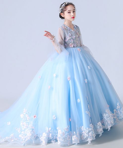 

charming blue v-neck tulle girl' pageant dresses flower girl dresses holidays/birthday princess skirt custom size 2-14 f925101 appliqu, White;red
