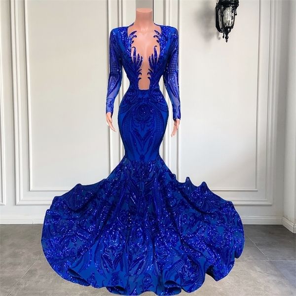 

party dresses long elegant prom dresses long sleeve sheer oneck mermaid style royal blue sequin african black girls prom party gowns 220923, White;black