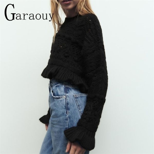 

womens sweaters garaouy autumn women short sweater allmatch ruffle trim long sleeve o neck soft crop knit pullover female jumper mujer 22092, White;black
