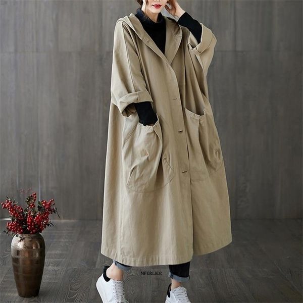 

women's trench coats large size 6xl 140kg autumn women trench with hooded female long coat clothing long sleeve thin coat 220924, Tan;black