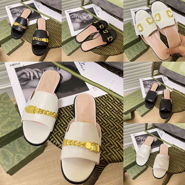

designer slippers women's sandals leather summer metal chain letter low heel flip-flops luxury rubber jelly casual shoes outdoor 35-42, Black