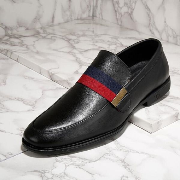 

loafer men fashion cowhide shoes casual gentleman party wedding leather shoes striped elastic band footwear dh1, Black