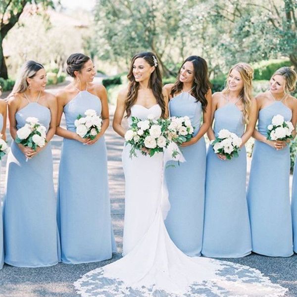 

2023 light blue plus size bridesmaid dresses halter chiffon floor length sleeveless beach wedding guest gowns custom made, White;pink
