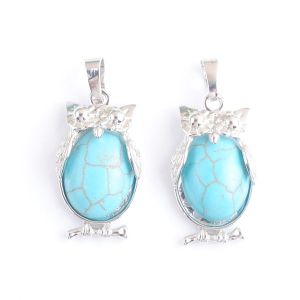 

owl animal shaped dangle pendants natural turquoise stone reiki lucky cute charm jewelry for women man gift dn4675, Silver