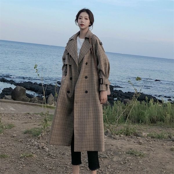 

women's trench coats korean style ladies trench coat plaid long double breasted belted oversize loose women duster coat outerwear with, Tan;black